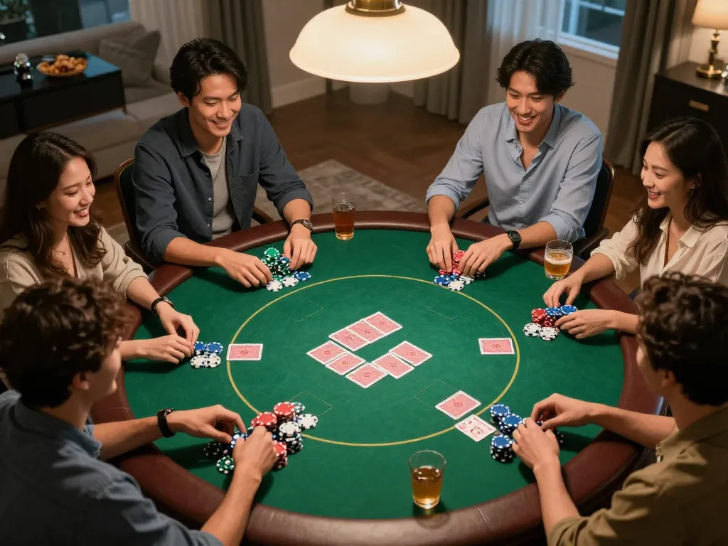 Enjoying friendly poker night at home with taixiuonline8 players gathered around a table, exciting game atmosphere.