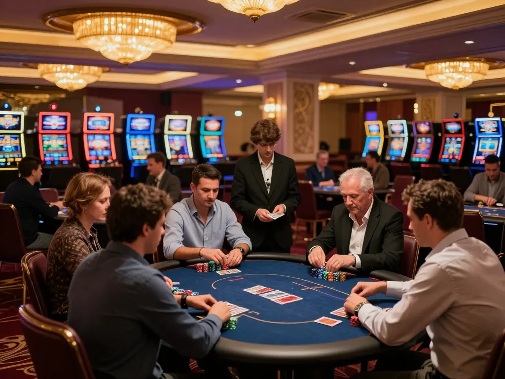 KJC poker players engaging in intense gameplay at an upscale casino, reflecting a vibrant gambling atmosphere.