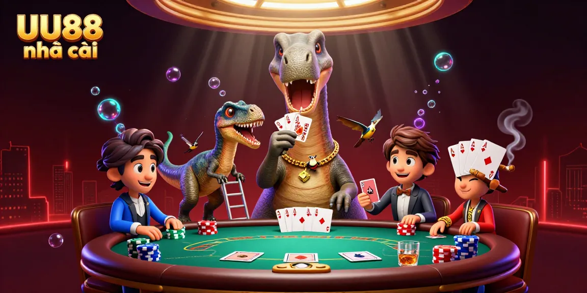 Experience thrilling gameplay with UU88 nhà cái as a giant brontosaurus watches a raptor deal cards.