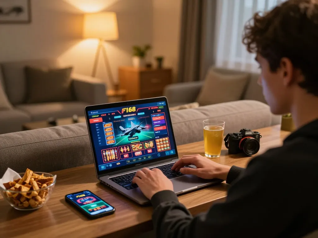 Experience online gaming at https://f168.osaka/ with a player enjoying a vibrant casino setup at home.