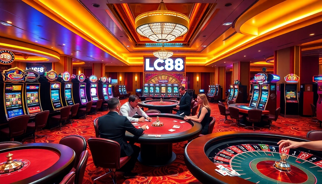 Strategically betting at LC88 casino with colorful chips and game tables.