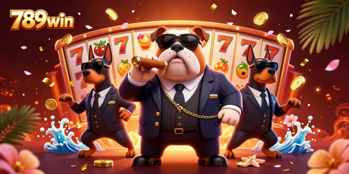 Experience the thrill of casino games with 789win, featuring a mafia bulldog and vibrant slot reels.