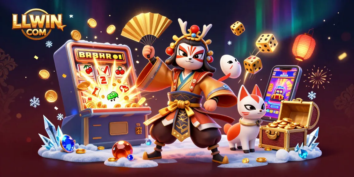Engage with LLWIN COM's thrilling jackpot scene featuring a kabuki warrior and vibrant casino elements.