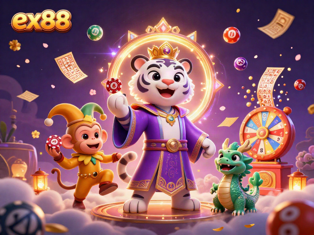 Playful scene with ex88 characters engaging in exciting casino activities amidst a vibrant lottery atmosphere.