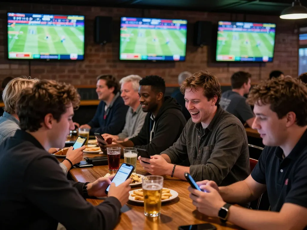 B52club users engaging in thrilling live sports betting at a bustling sports bar.