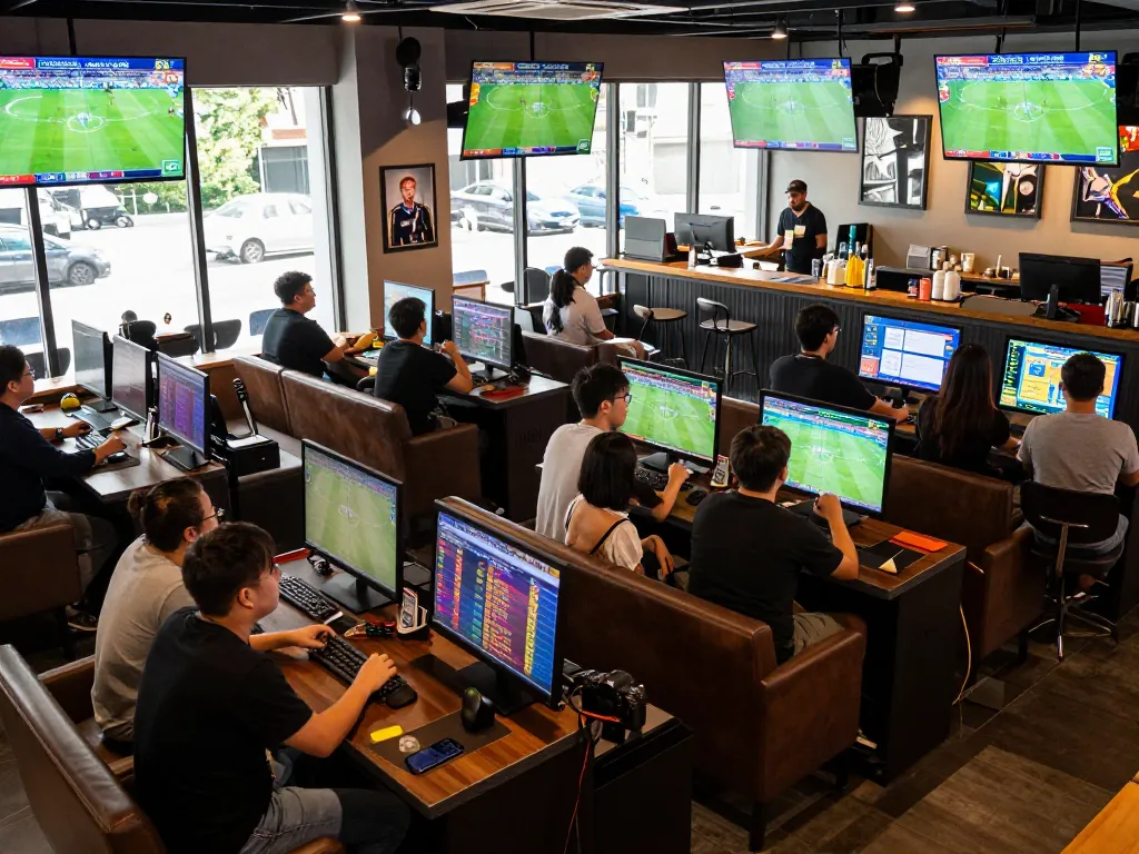 Fans engaging in sports betting excitement at Bongdalu's modern betting lounge.