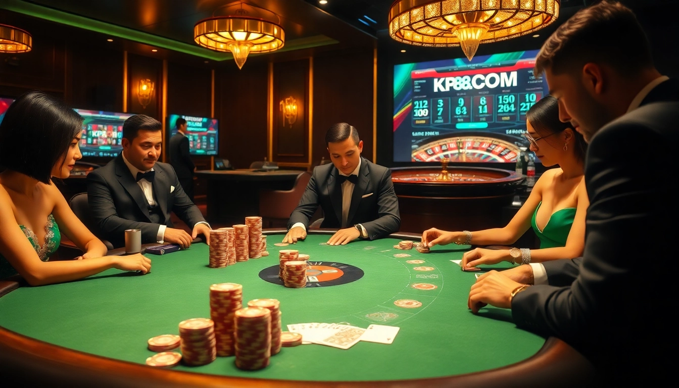 Experience high-stakes poker at KP88.COM, where players engage intensely at a glamorous table.