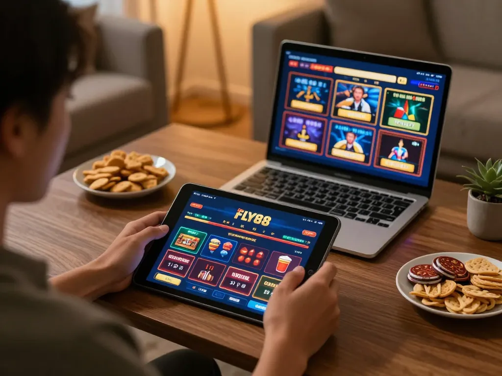 Person using FLY88 app on tablet while enjoying a casual home gaming session with snacks.