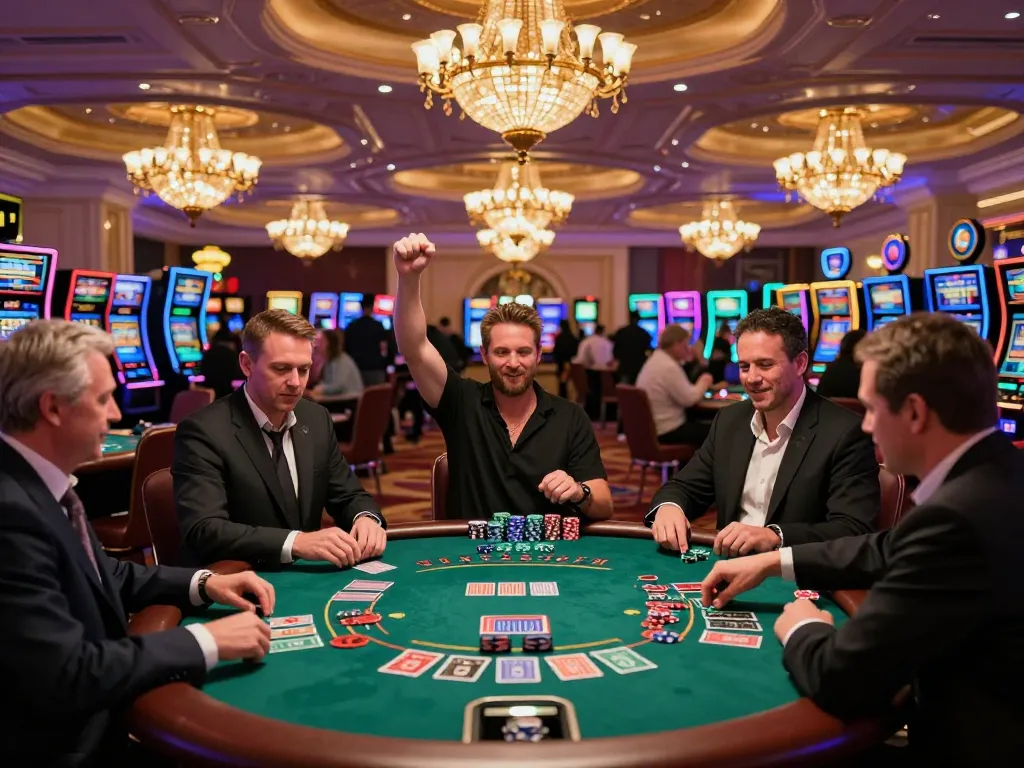 Players celebrating their wins at FLY88com biz blackjack tables amidst an upscale casino ambiance.