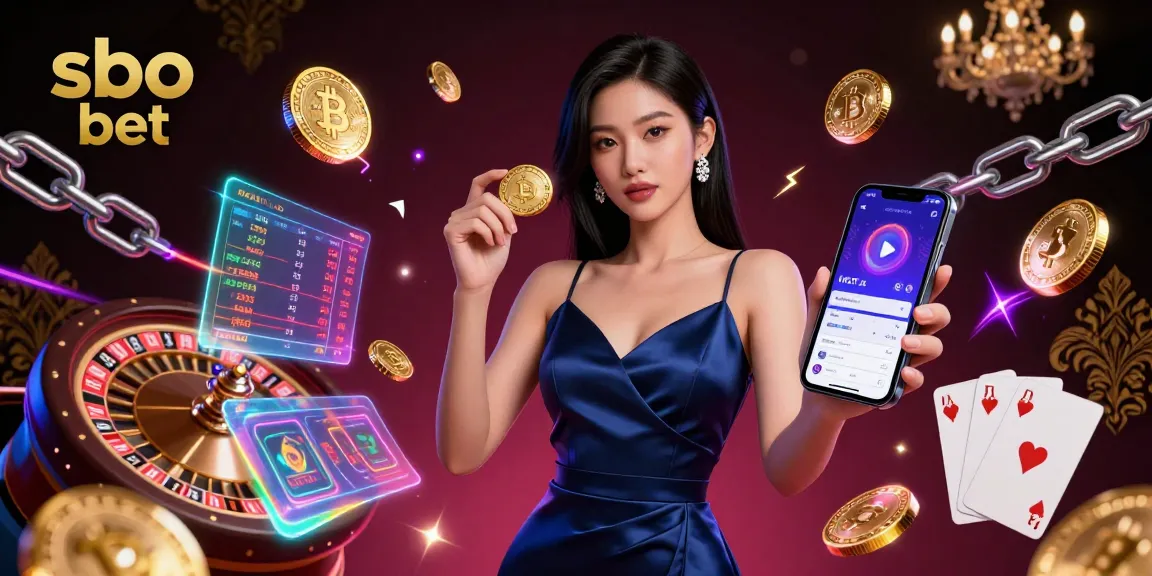 Sbo bet offers immersive casino experiences with a stunning Asian woman showcasing a smart casino app and golden chip.