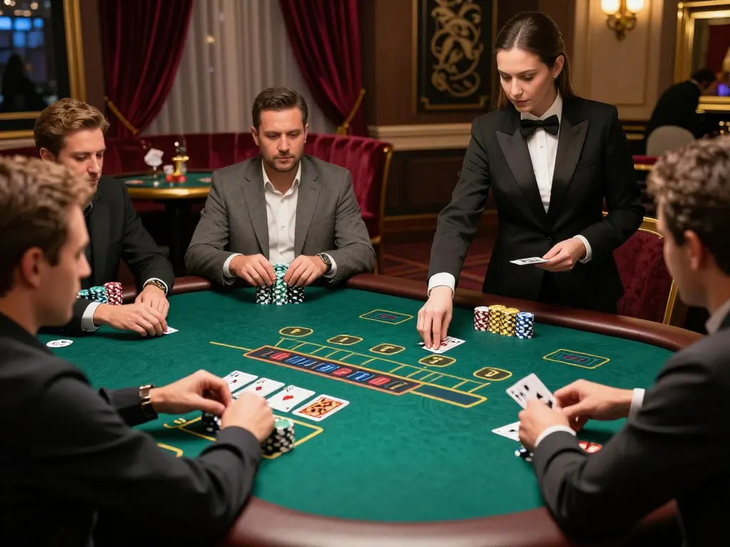 hitclub players engaged in a strategic blackjack game at an upscale casino table.