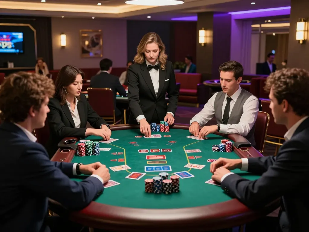 MMOO players engaged in strategic blackjack game at an upscale casino table, excitement palpable