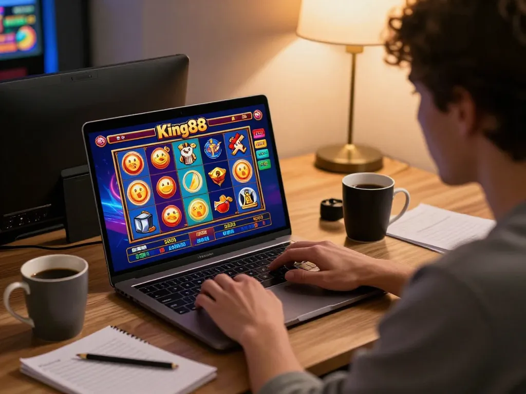 Player enjoying online slots at King88 with strategic notes and warm atmosphere.