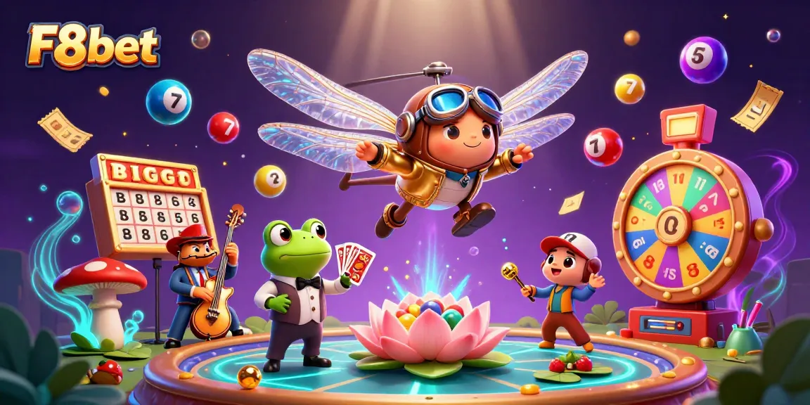 Experience the excitement of F8bet with dynamic casino action featuring a helicopter pilot and frog croupier in a vibrant 3D scene.