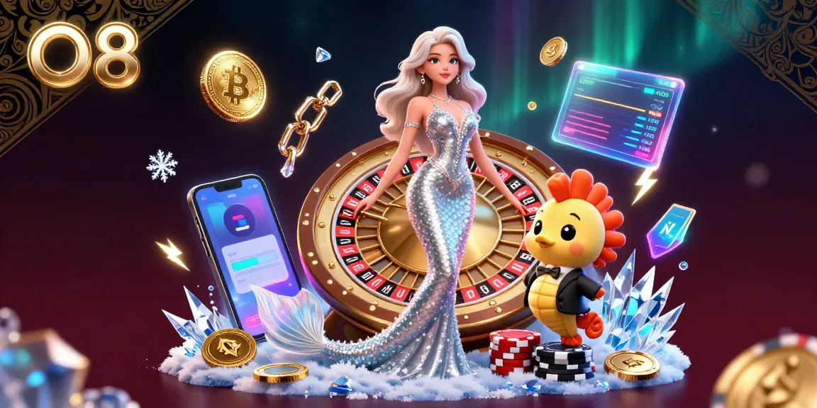Engage with the O8 casino experience through 3D illustrations of vibrant gaming elements and characters.