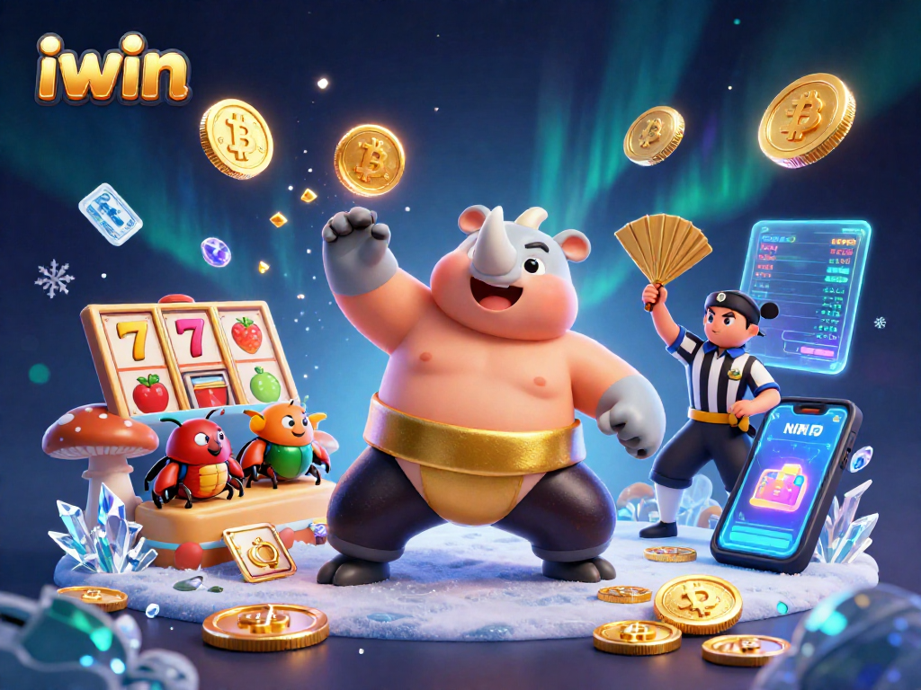 Play iwin with thrilling casino action featuring a rhinoceros beetle sumo champion and golden coins.