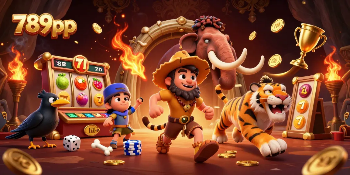 Engage in thrilling action with 789pp in a dynamic prehistoric casino scene featuring slots and playful characters.