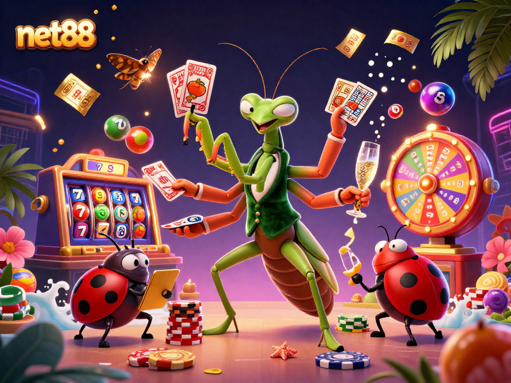 Engaging illustration of net88 with vibrant casino elements and dynamic characters in a lively gaming scene.