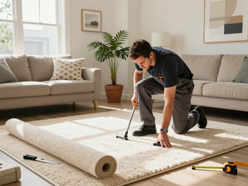 Professional carpet fitters near me installing cozy carpet in a bright living room