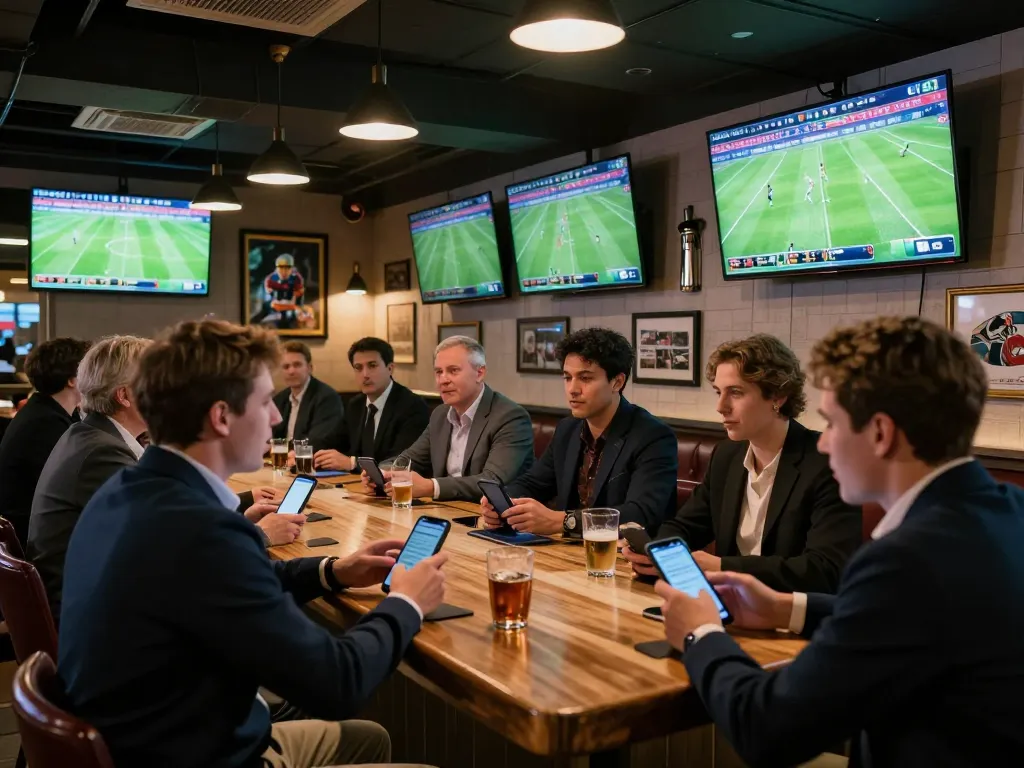 Engaging scene of football fans placing bets while enjoying ดูบอล at a lively sports bar with multiple screens.