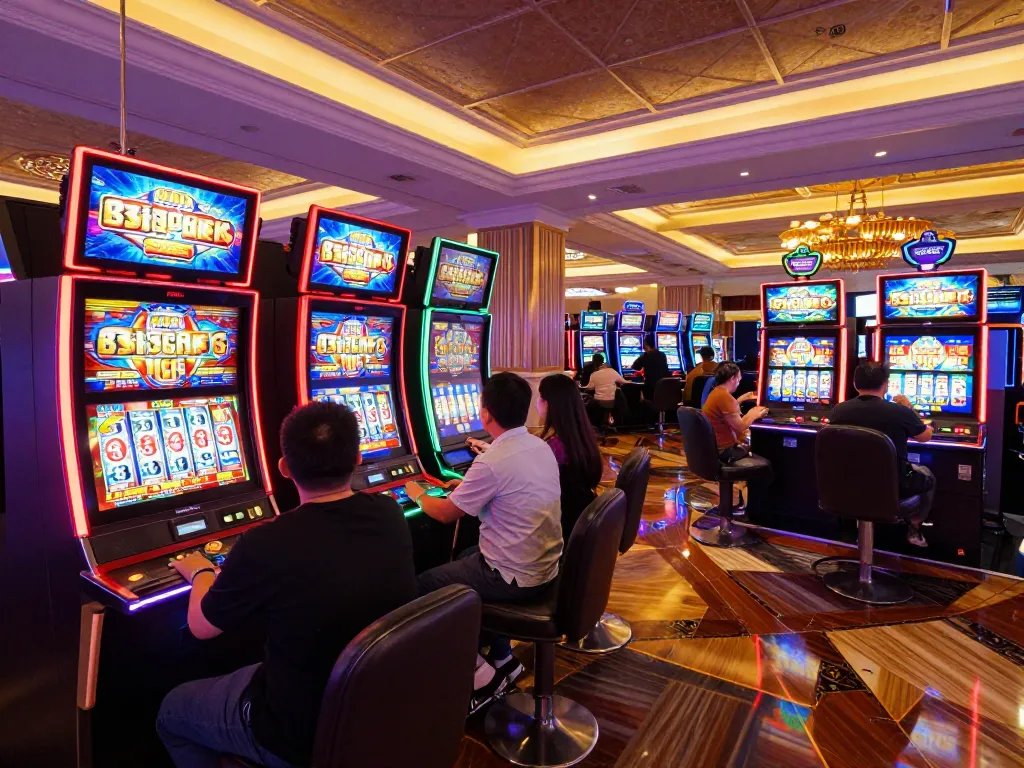 Players enjoying thrilling Slot Malaysia games with colorful machines and lively atmosphere.
