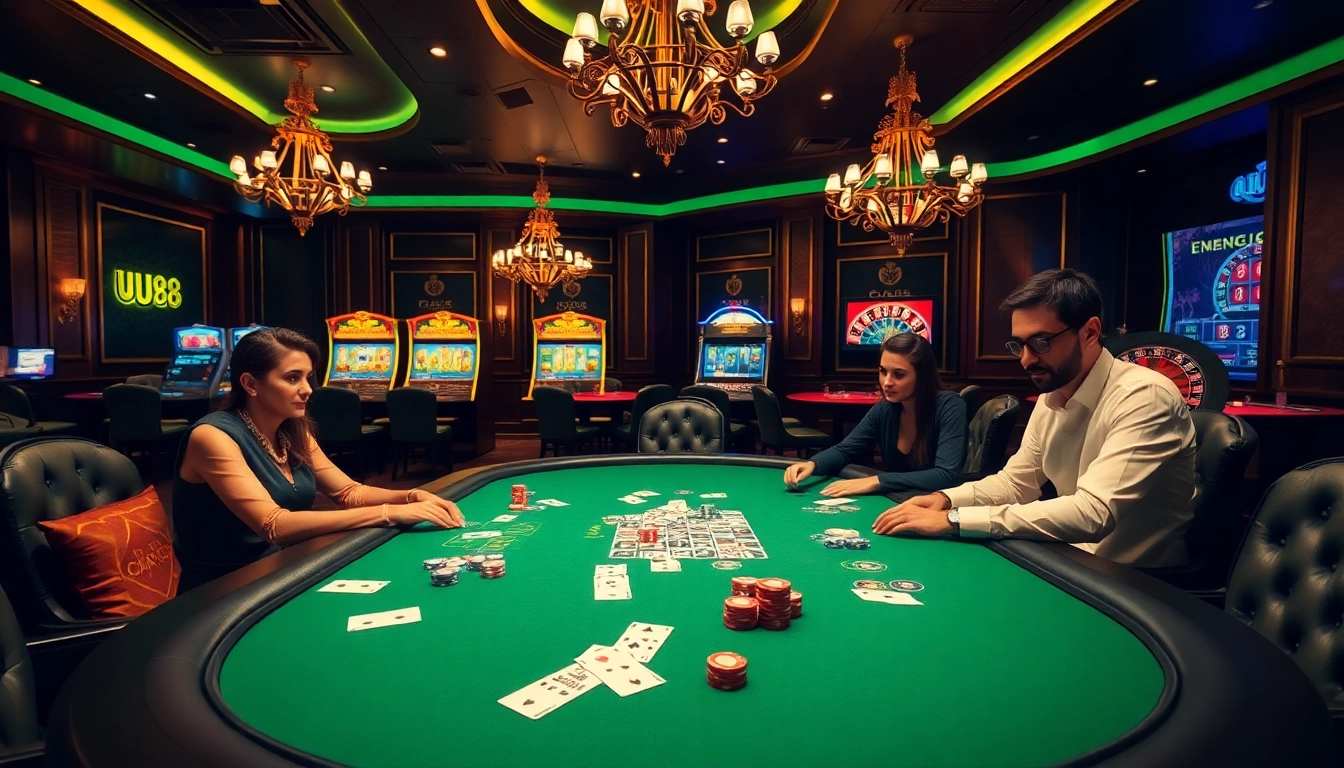 UU88 players enjoying an engaging poker game at a luxurious casino table with vibrant decor.