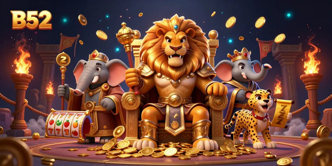 B52 table games featuring a lion king, an elephant advisor, and a cheetah messenger amidst slot reels and golden tokens.