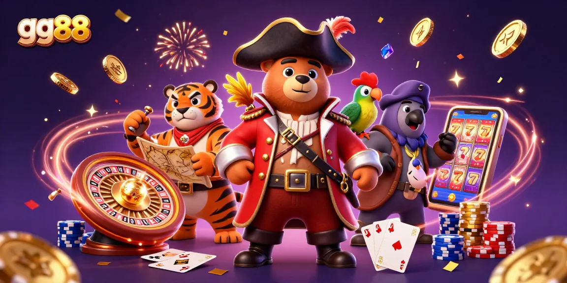 Win big at gg88 with our vibrant casino-themed illustration featuring festive characters.