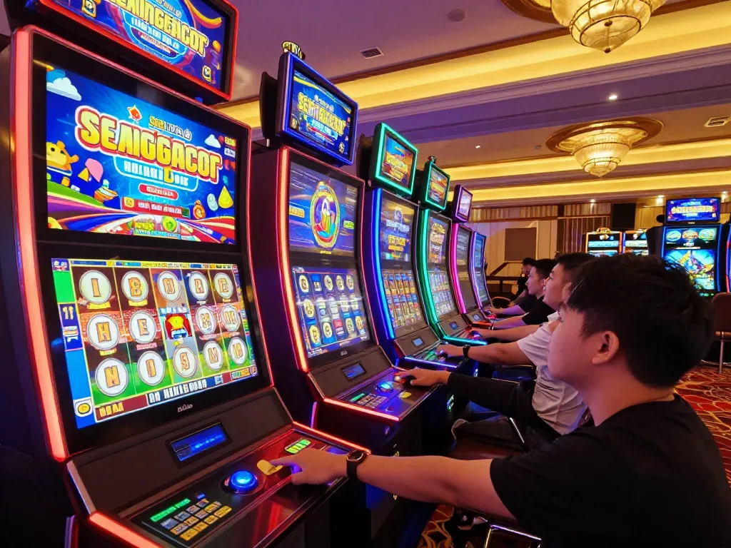 Engaging player spinning Slot Gacor machine in vibrant casino atmosphere.