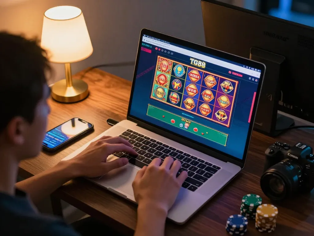 Player engaging with the TG88 online casino platform using a laptop and smartphone in a cozy home setting.