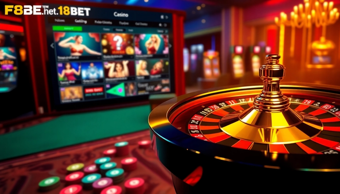 An exciting online gambling scene at https://f8bet.net.in/ featuring a spinning roulette wheel and colorful casino chips.