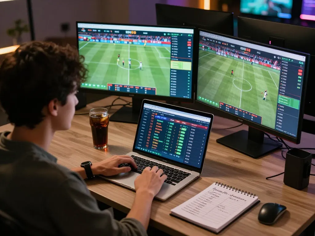 Betting on sports using tylekeo platform with multiple screens displaying odds and strategies.