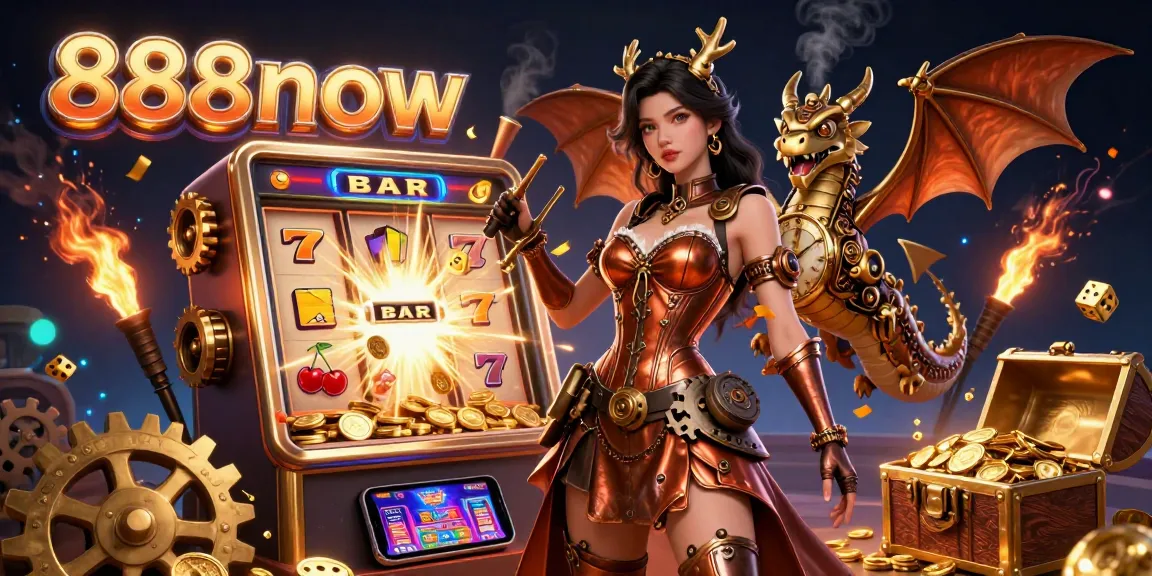 Experience thrilling wins with 888now as stunning elements burst with excitement in a captivating 3D casino scene.