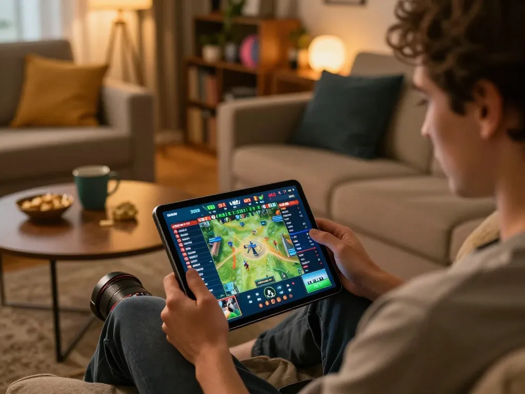 Engaging in sports betting with https://tr88.pics/ on a tablet in a cozy home setting