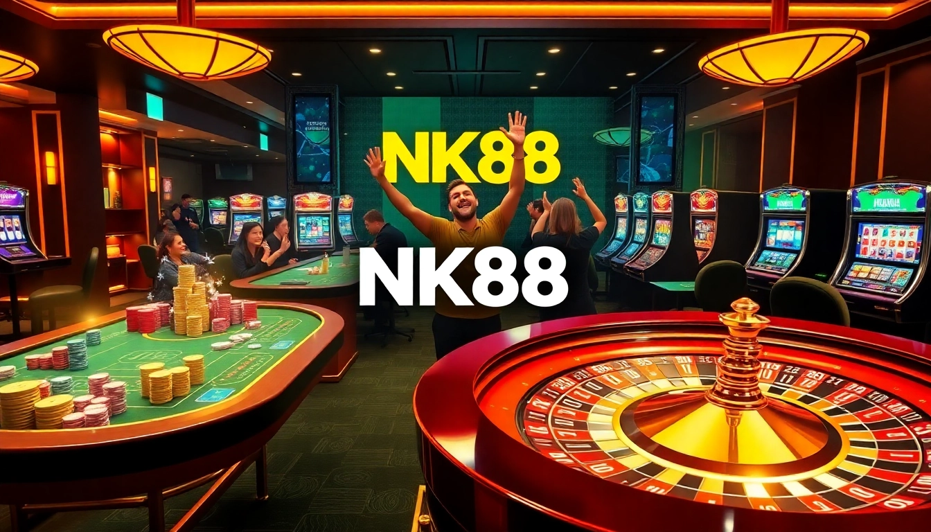 Players enjoying exciting games at NK88 casino with vibrant colors and luxurious settings.