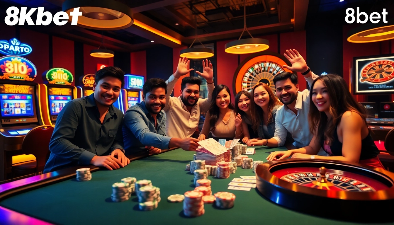 Experience thrilling gaming at 8kbet with vibrant casino tables and excited players celebrating wins.