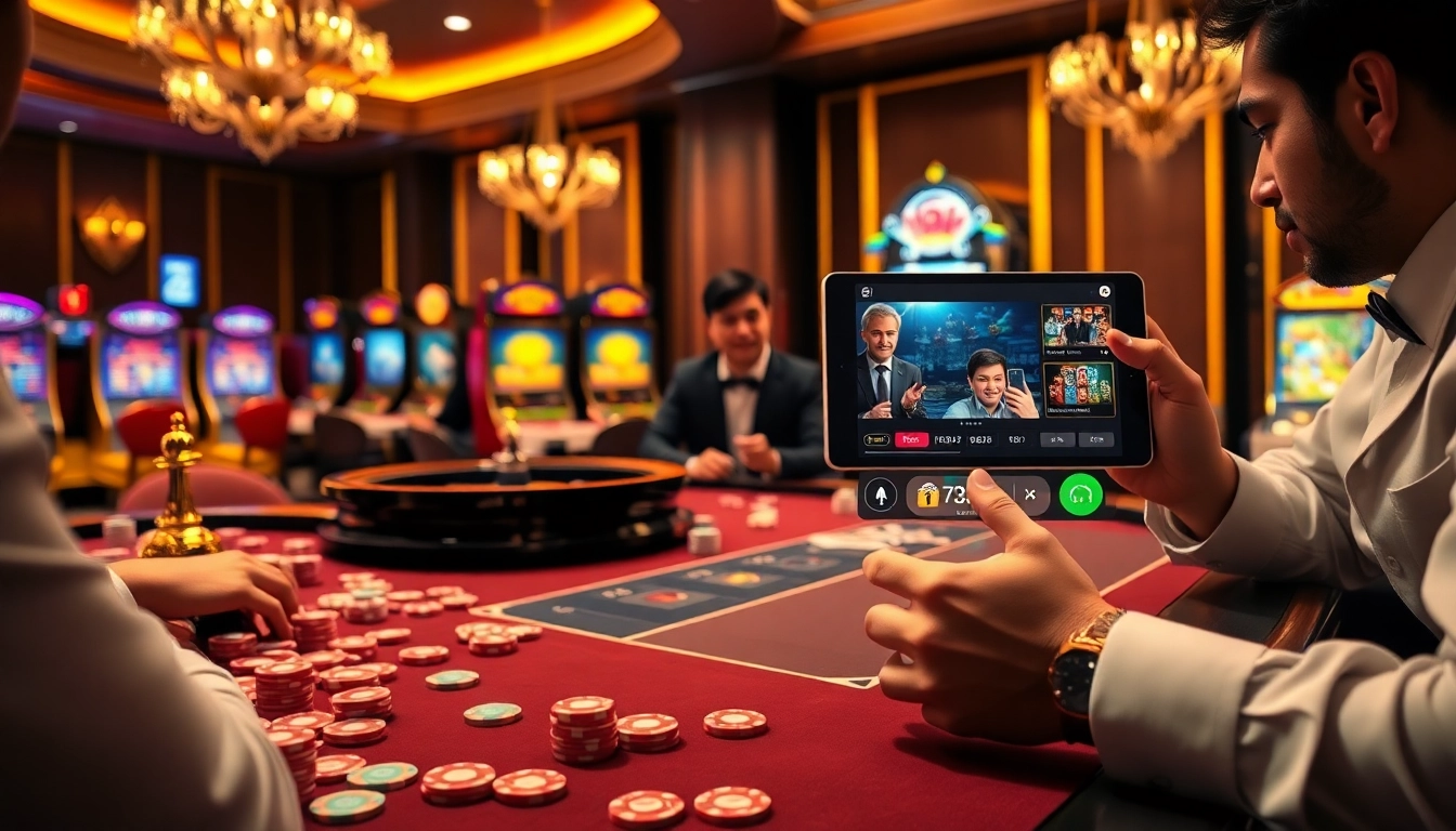 Exciting scene of poker players at a high-end casino table featuring 789win themed chips.
