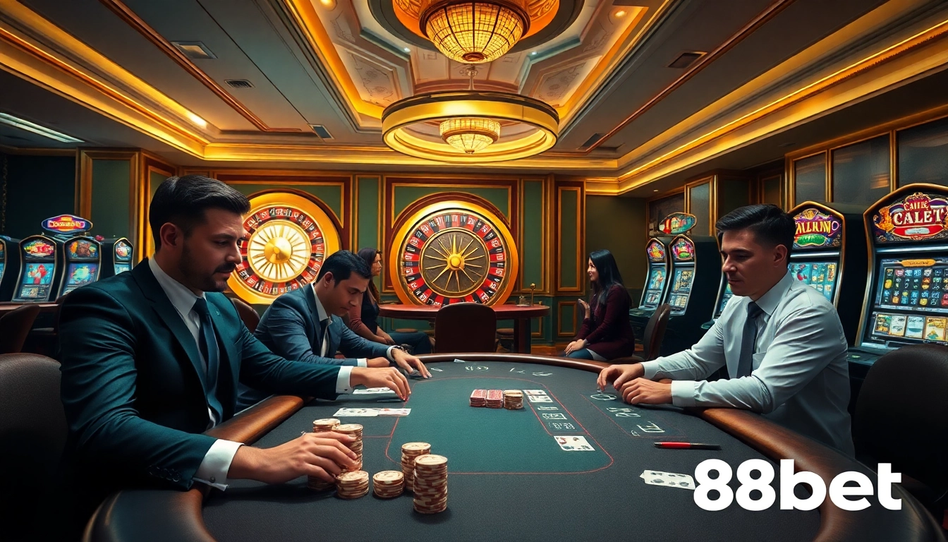 Exciting casino scene featuring players at 88bet poker tables amid luxury decor.