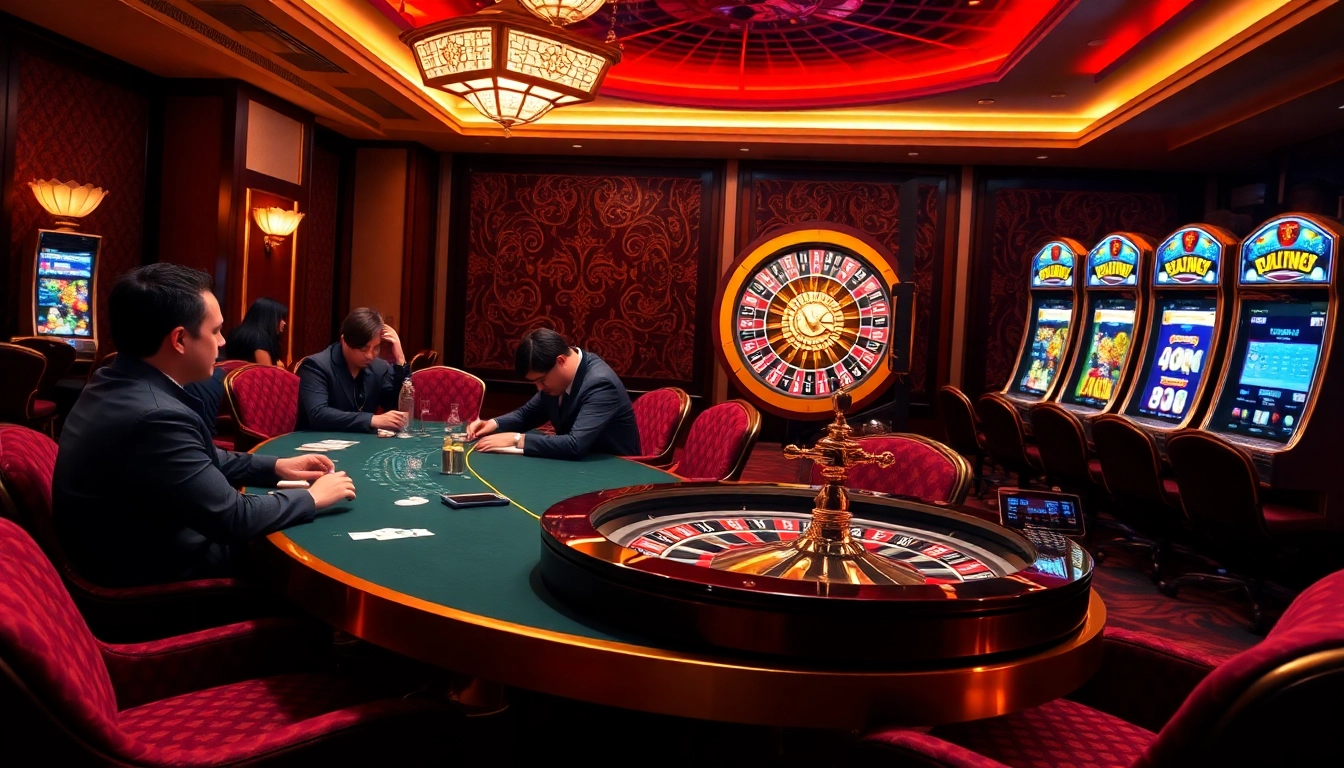 Players enjoying the excitement of online games at thabet com casino, featuring poker and roulette.