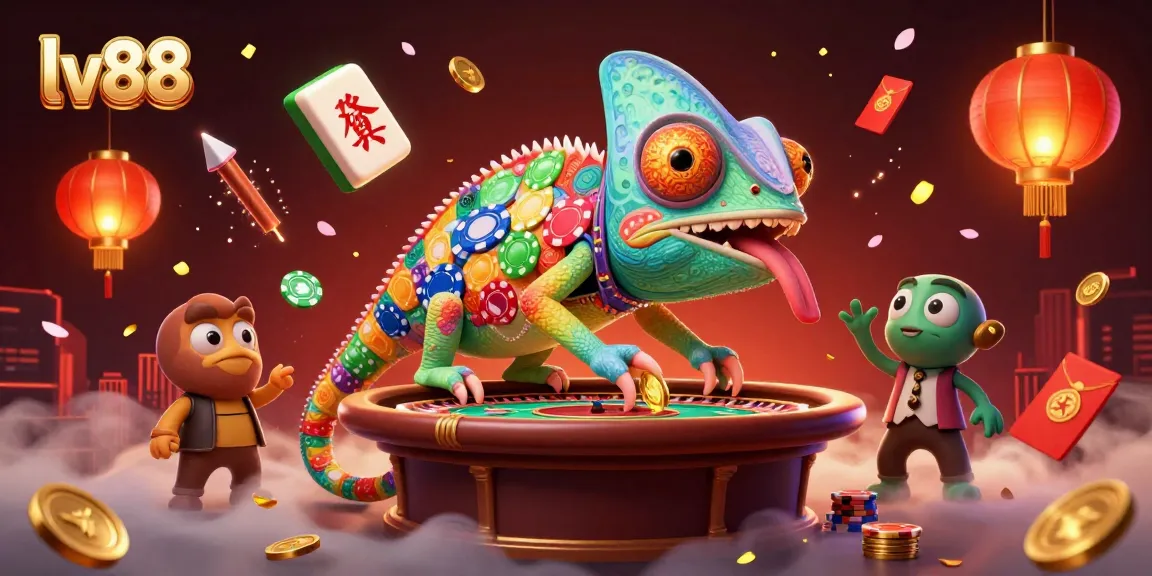 Experience the vibrant casino world of lv88 with a playful chameleon character amidst dynamic gaming elements.