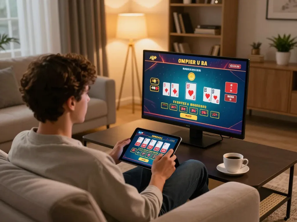 Experience gaming at trang chủ hm88 with live dealer action on a tablet in a cozy home setting.