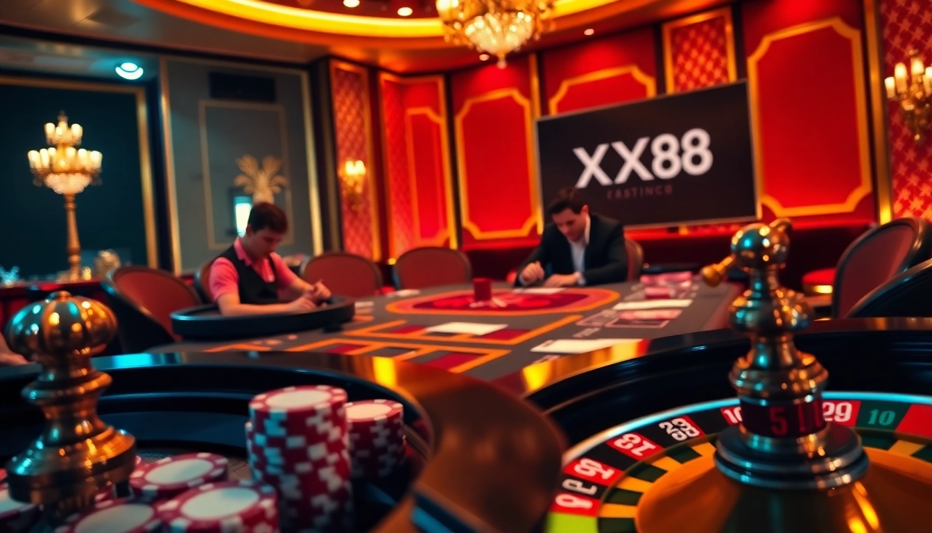 Experience high-stakes excitement at XX88's luxurious poker table with vibrant colors and detailed props.