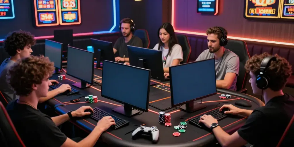 Exciting scene showcasing players engaged with online credit card casinos, enjoying various games in a vibrant gaming environment.