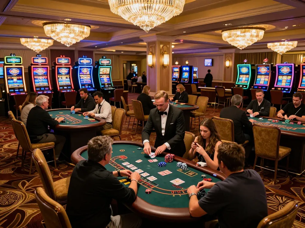Players engaging at blackjack tables in a vibrant river4 casino atmosphere.