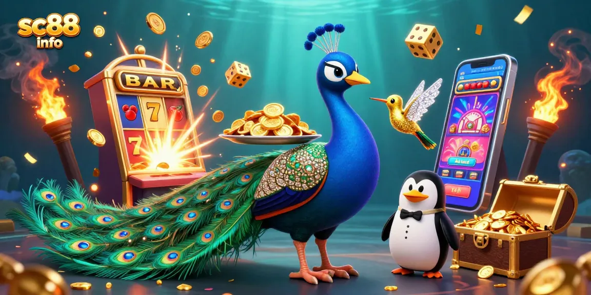 Engage with sc88 info through a vibrant casino scene illustrating a peacock and penguin amidst bursting slot machines.