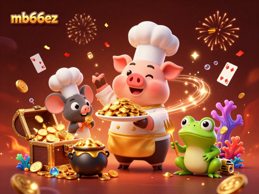 Engage in thrilling gameplay with mb66ez featuring a chef pig, gold coins, and vibrant casino elements.