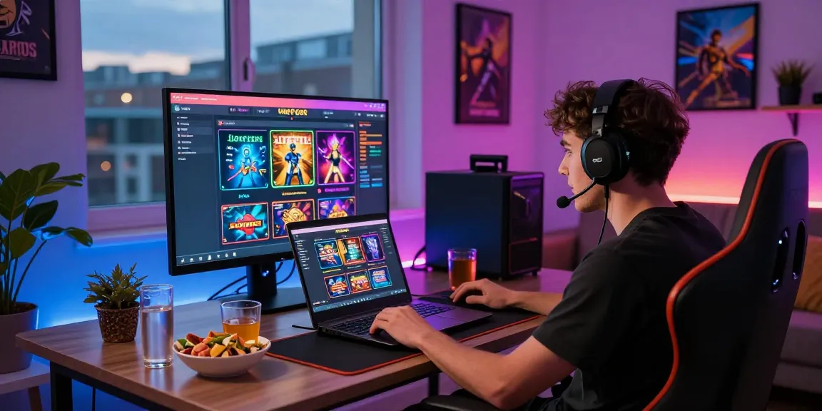 Player enjoying an exciting gaming session at a non UK casino setup with vibrant LED lights and snacks.