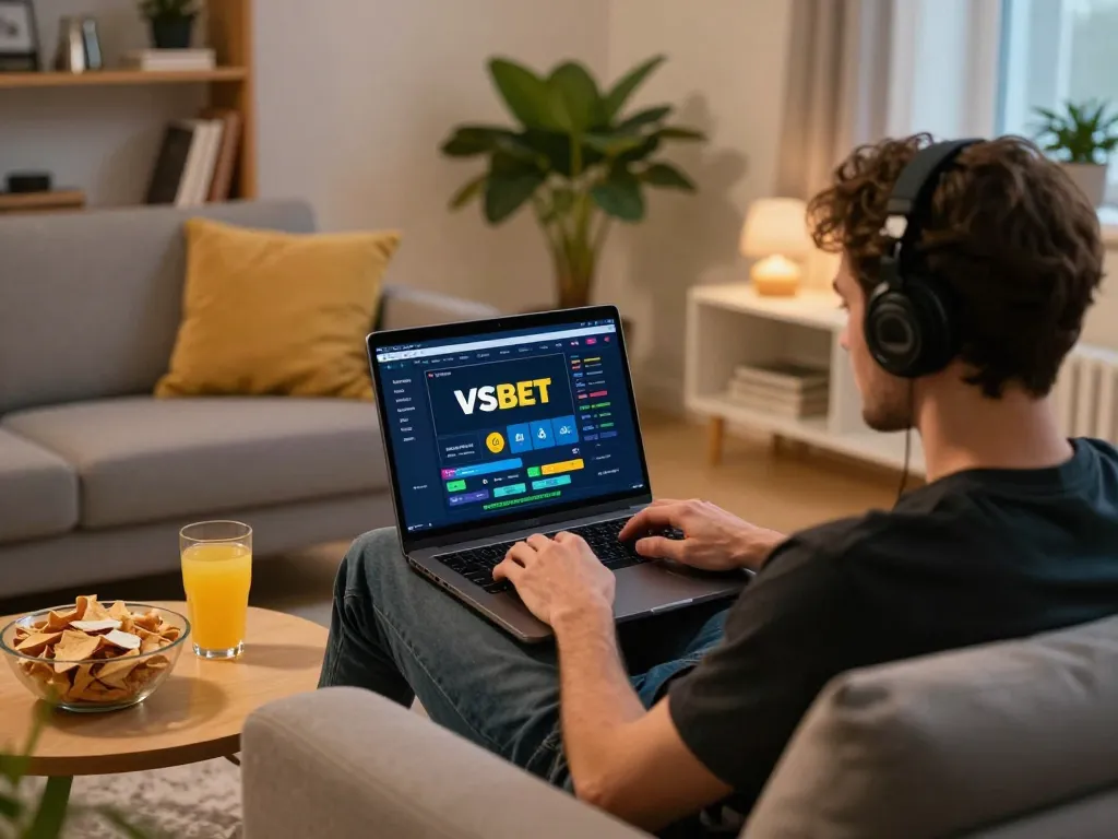 Person engaging in online betting at Vsbet with laptop and snacks in a cozy home setting