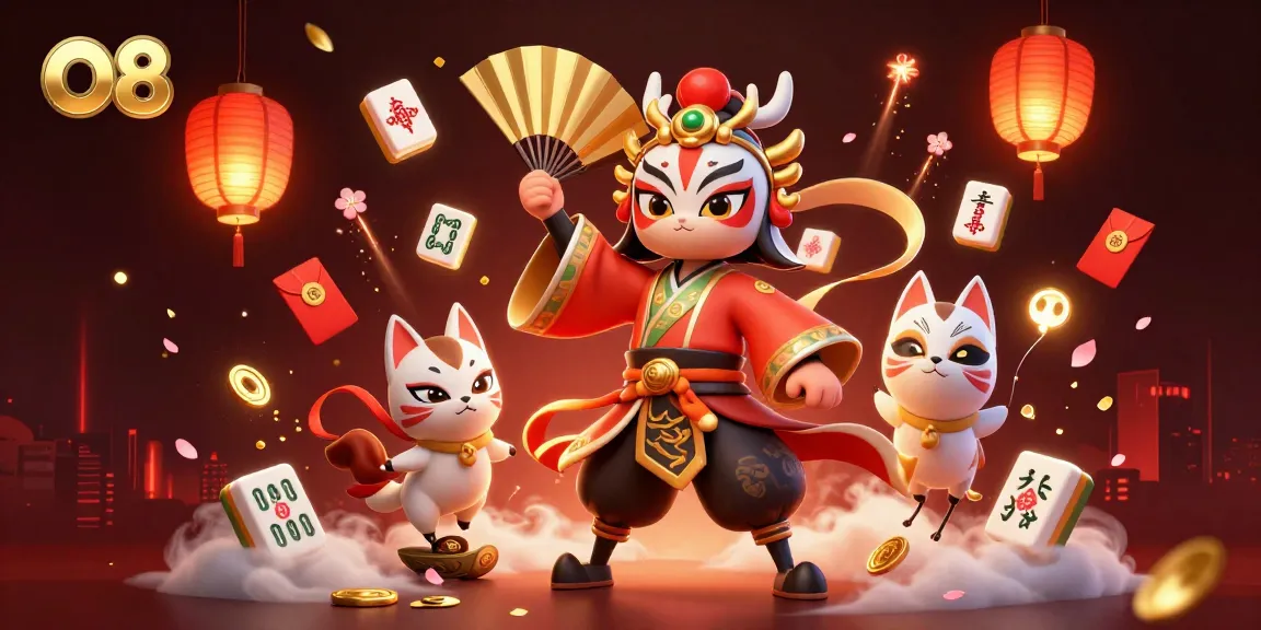 Engage with O8's vibrant online casino experience featuring a kabuki warrior and lantern spirits.