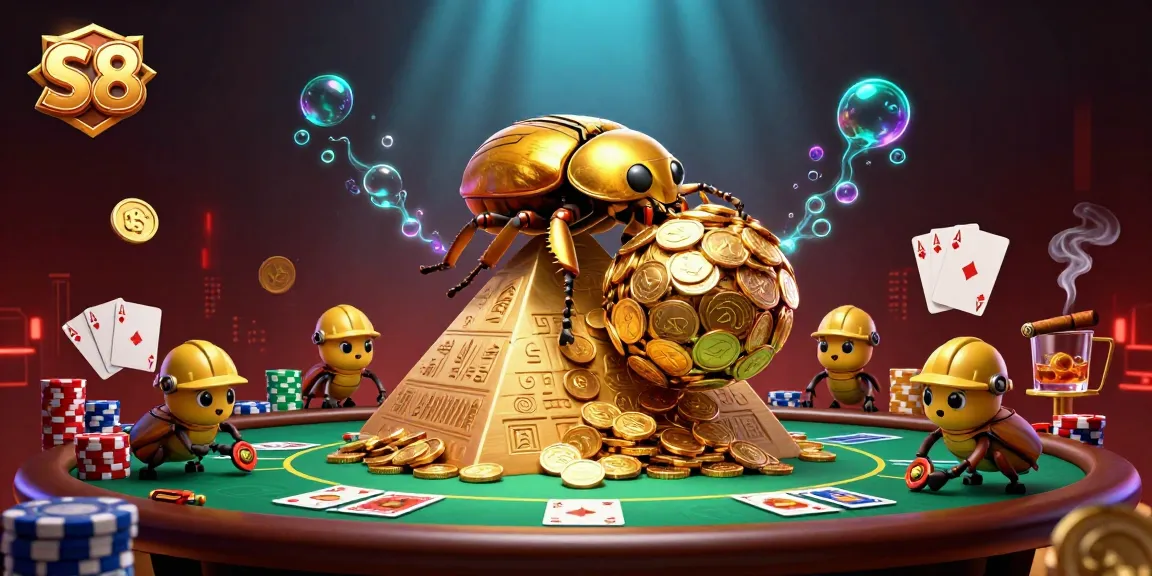 Play with S8 as a massive beetle rolls coins at a vibrant casino pyramid scene.